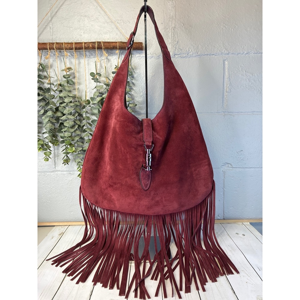 GG Jackie Soft Fringe Hobo Bag Burgundy Suede Gunmetal Hardware Italy